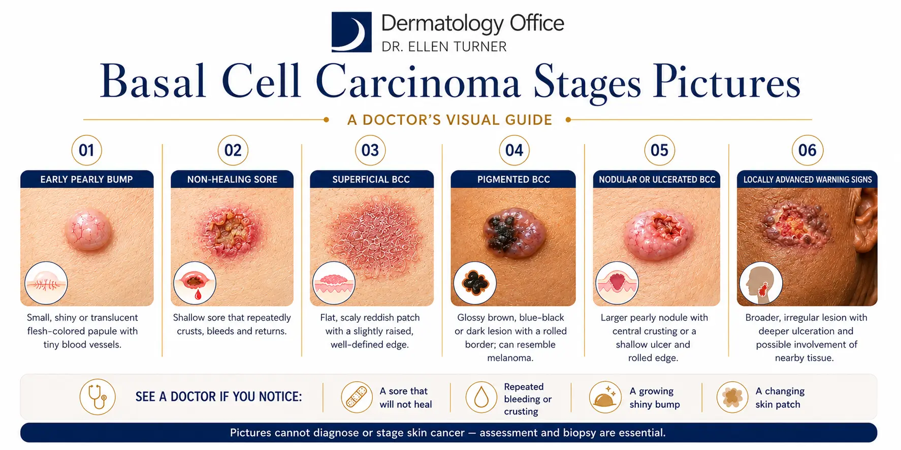The 5 warning signs of basal cell carcinoma: pearly bump, non-healing sore, reddish patch, shiny bump, and rolled-edge growth