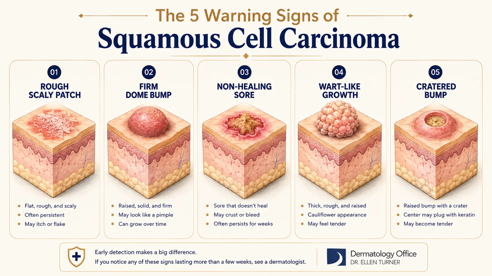 The 5 warning signs of squamous cell carcinoma: rough scaly patch, firm dome bump, non-healing sore, wart-like growth, and cratered bump