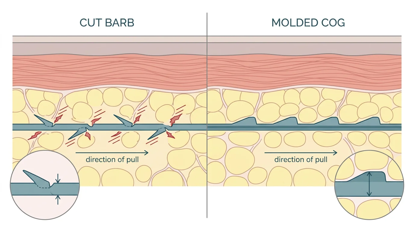 Cut barb versus molded cog thread diagram showing reduced core diameter and tissue tearing compared with intact core and gentle tissue engagement