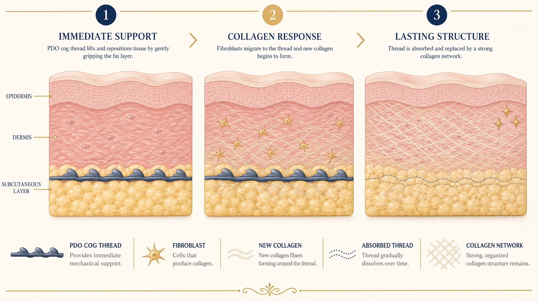 How a PDO cog thread works, from immediate tissue engagement to collagen renewal