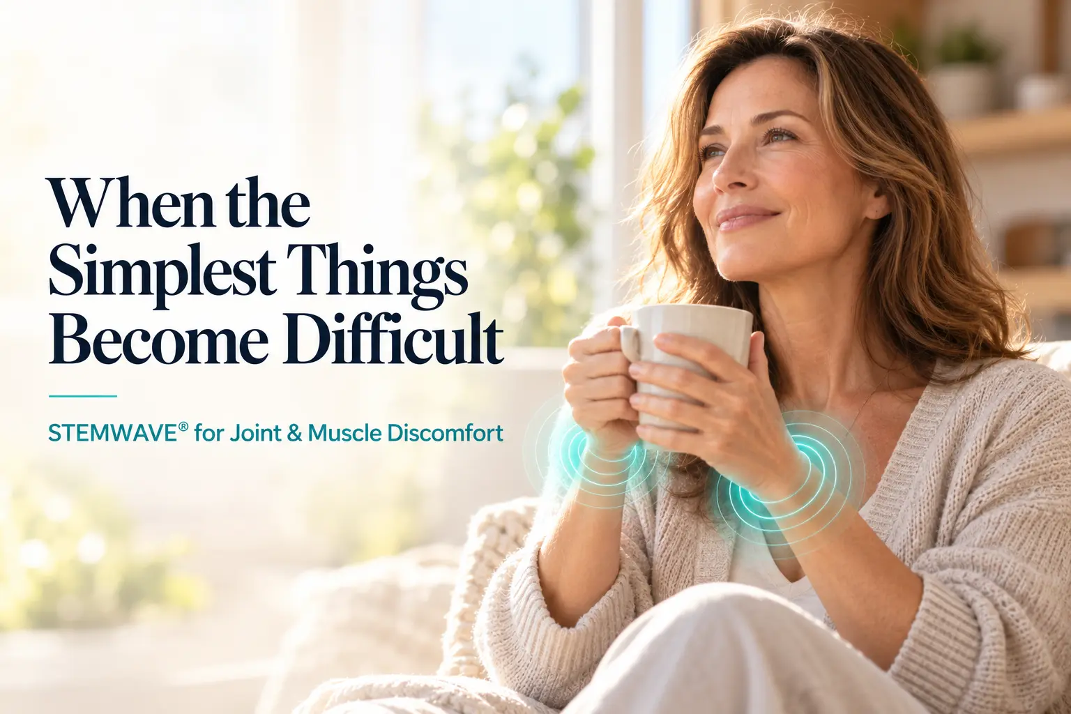 Woman comfortably holding a coffee mug with a soft teal glow around her wrist, illustrating STEMWAVE® relief for joint and muscle discomfort