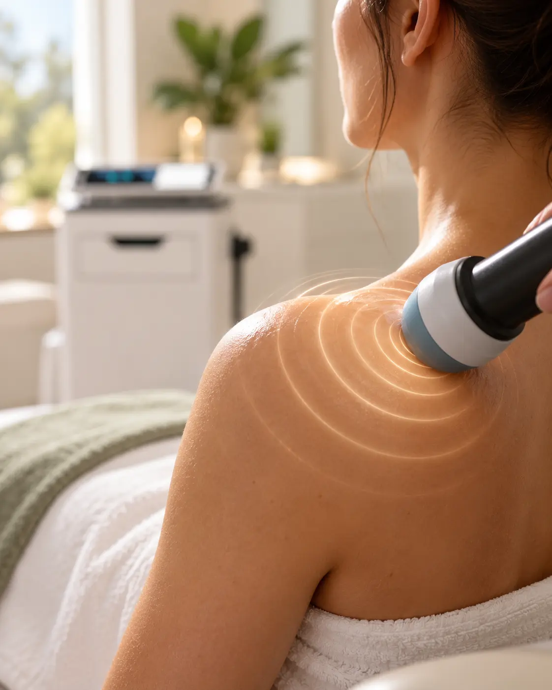 Focused acoustic waves delivering gentle mechanical stimulation to shoulder muscle tissue
