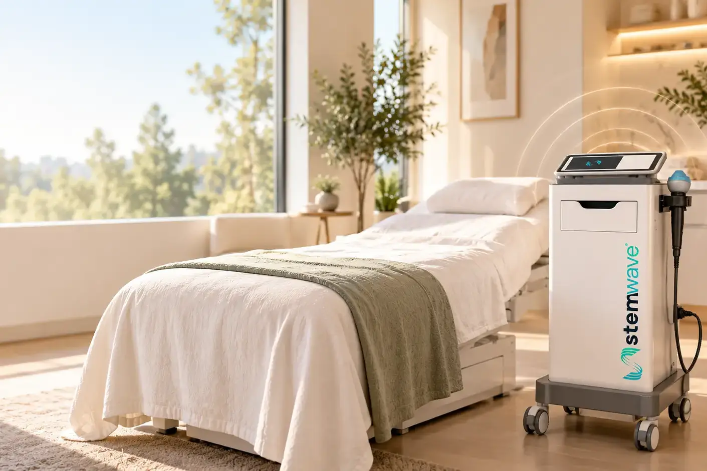 Modern treatment room at the Office of Dr. Ellen Turner in Dallas, ready for new StemWave acoustic wave therapy